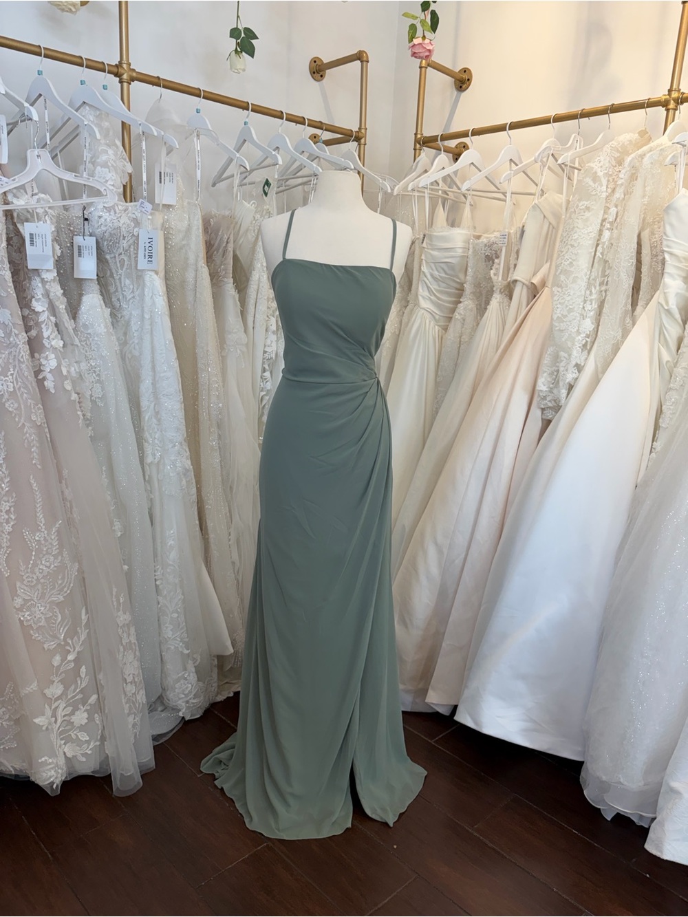 Mori Lee Sage Green Spaghetti-Strap Formal Gown